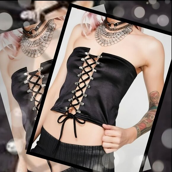 🆕️🆑️ American Deadstock Up Front Tube Top Black Lace-up Large - Picture 1 of 5